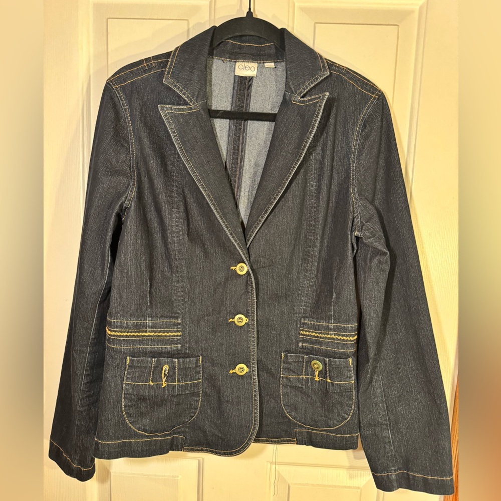 CLEO Denim Blazer Jacket w/ Pockets & 3 Bronze Button Front Blue womens size 8
